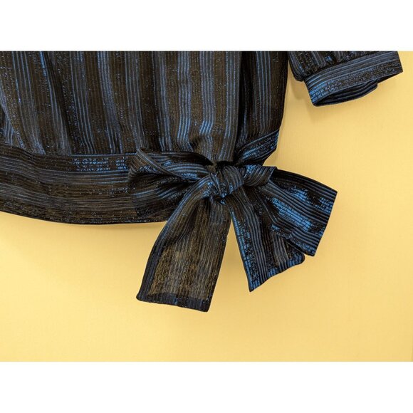 Vintage Frejani Womens Striped Metallic Blue & Black Tie-Waist Blouse - Picture 2 of 8